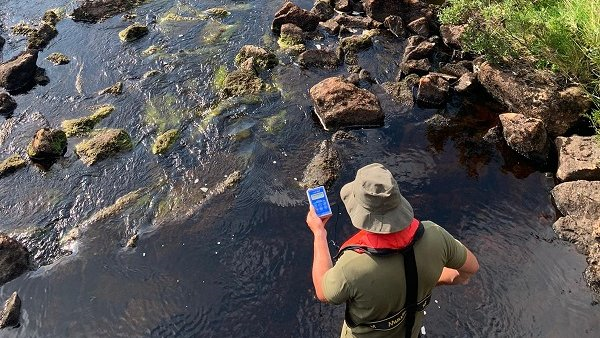 Measuring river temperature in the Gweebarra River, 2021.